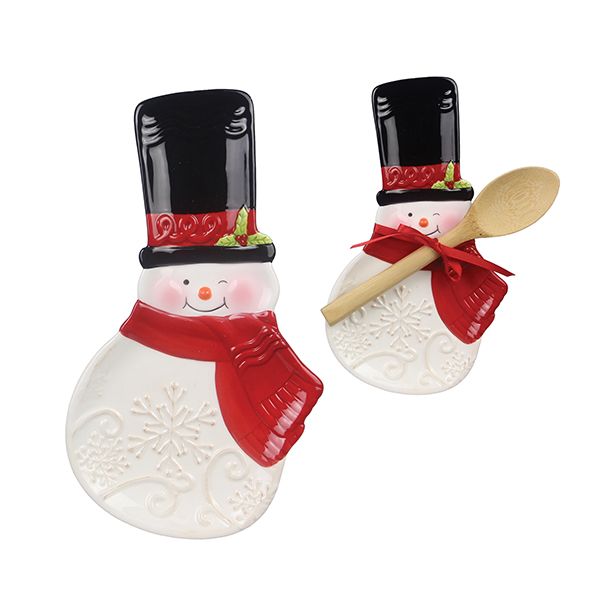 Ceramic Snowman Spoon Rest with Wooden Spoon